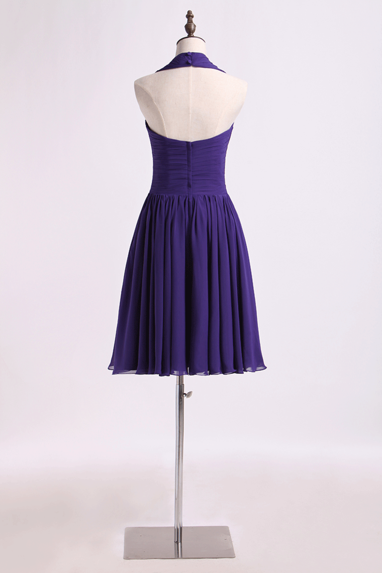 2022 Halter A Line Prom Dresses Knee Length Chiffon With Ruffles