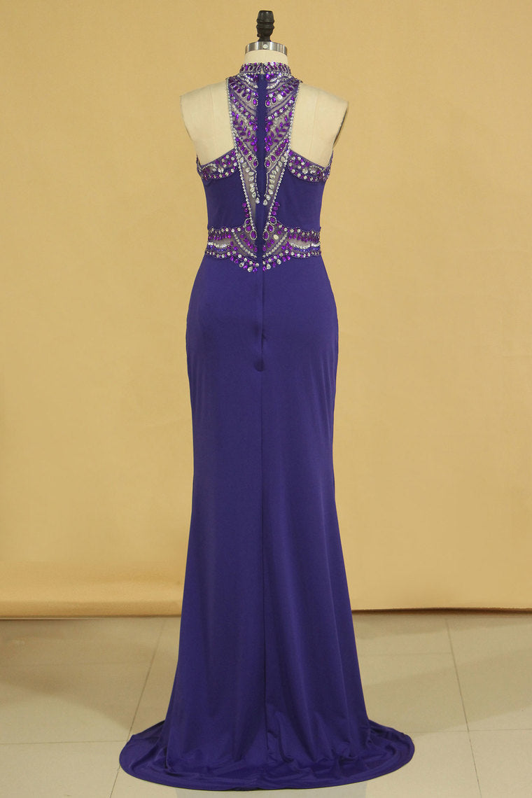 2022 Spandex High Neck Sweep Train Prom Dresses With Beading And Rhinestones