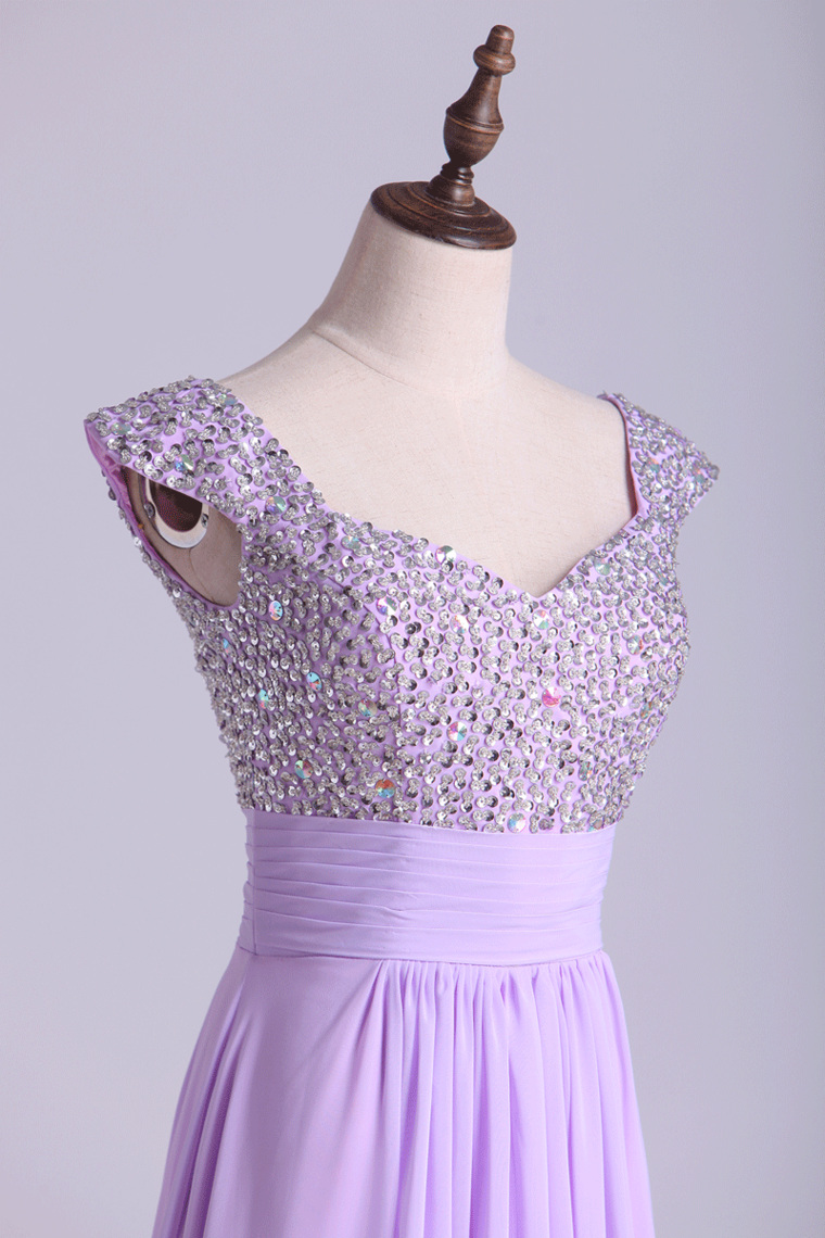 2022 Exquisite Straps A Line Chiffon Prom Dresses Beaded And Ruffled Floor Length