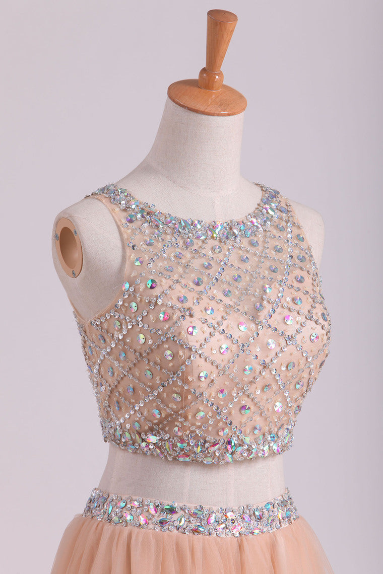 2022 Two Pieces Bateau Beaded Bodice Prom Dress A Line Tulle Floor Length