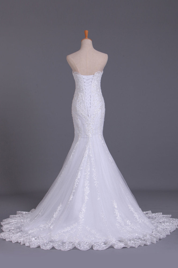 2022 Wedding Dresses Strapless Mermaid Chapel Train With Applique Lace Up