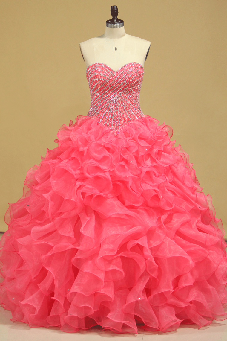 2022 Beautiful Quinceanera Beaded Bodice Sweetheart Floor Length Ruffle Skirt Orange