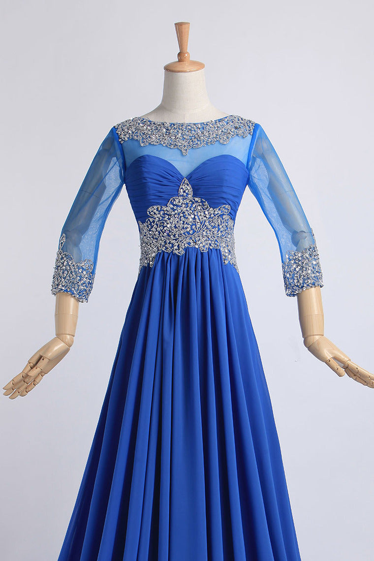 2022 Bateau 3/4 Length Sleeve A-Line/Princess Prom Dresses With Beads And Ruffles