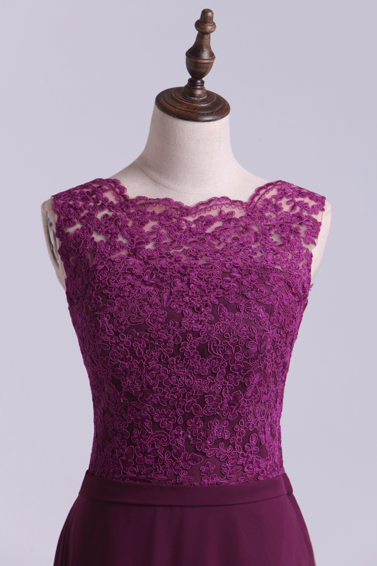 2022 Scoop A Line Exquisite Lace & Chiffon Prom Dresses