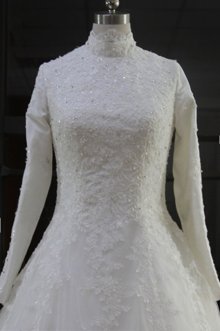 2022 High Neck Wedding Dresses A Line Tulle Muslim With Applique
