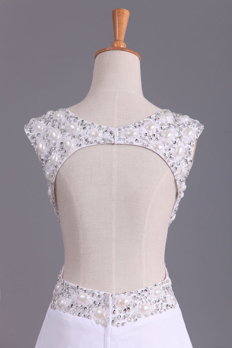 2022 White V-Neck Prom Dresses A Line Chiffon With Beading