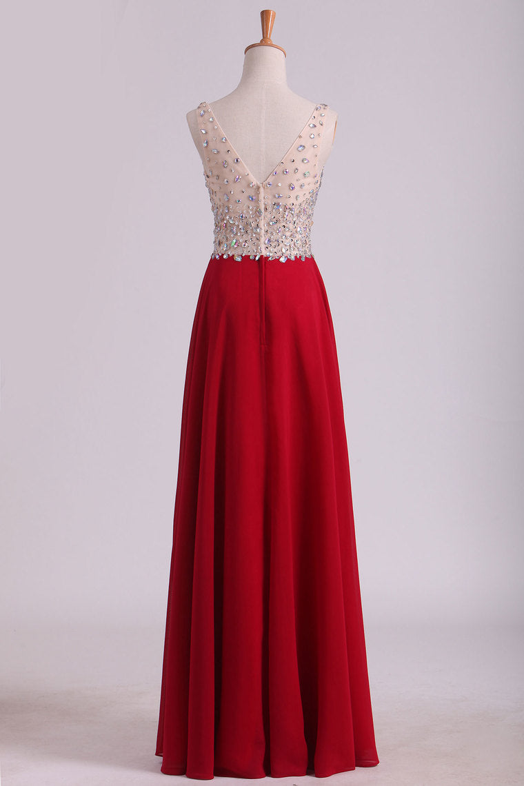 2022 A Line V Neck Prom Dresses Chiffon With Beads And Slit Sweep Train