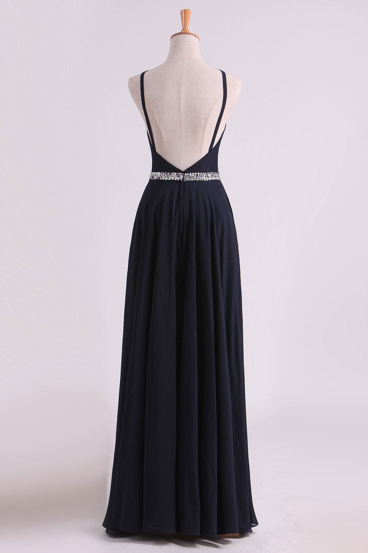 2022 Prom Dresses Spaghetti Straps Beaded Waistline Chiffon Open Back