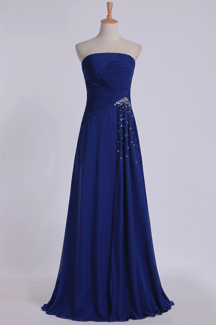 2022 Classic Prom Dresses Strapless A Line Chiffon Floor Length With Ruffles And Beads