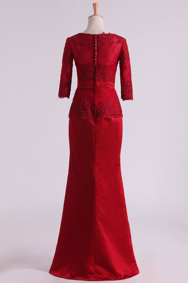 2022 Burgundy Mother Of The Bride Dresses Square 3/4 Length Sleeve With Applique Satin