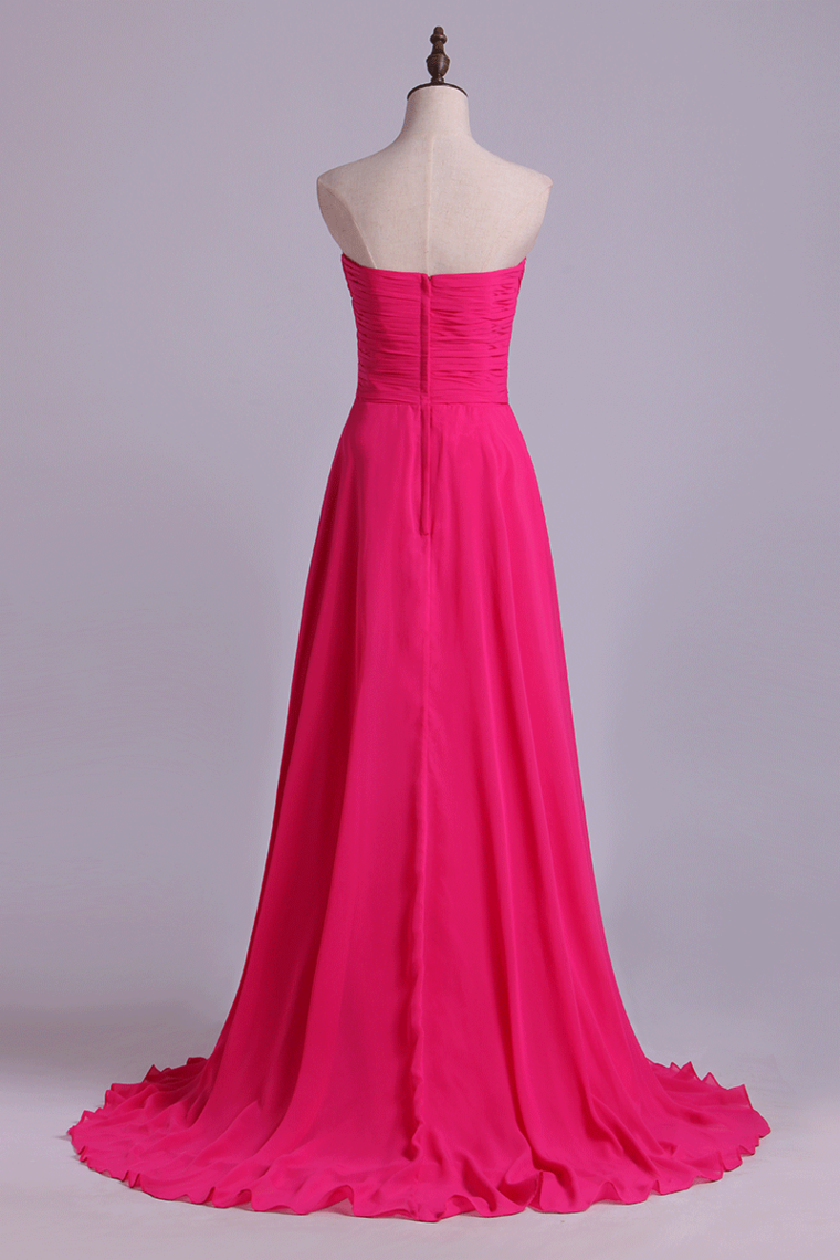 2022 Sweetheart Beaded Bust Prom Dresses A-Line Sweep Train Chiffon