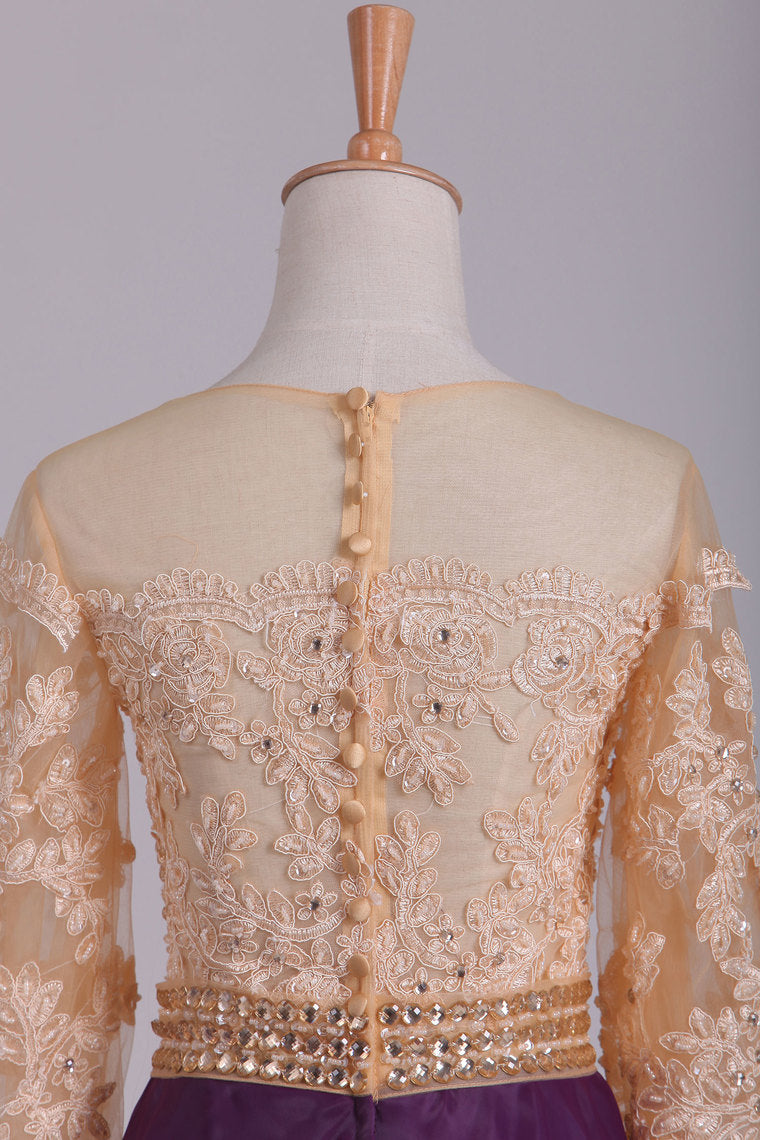 2022 Long Sleeves Prom Dresses Scoop A Line With Applique And Beads Floor Length