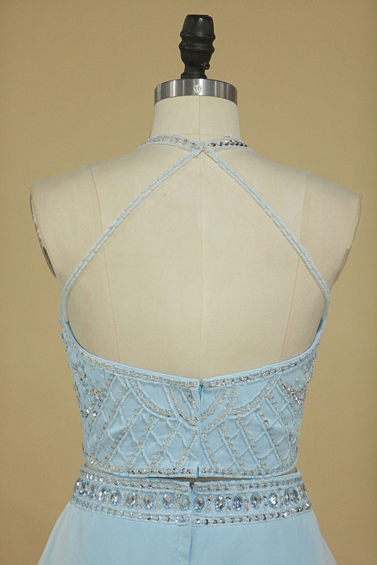 2022 Two-Piece Halter A Line Prom Dresses With Beading And Rhinestones Bicolor Chiffon & Tulle