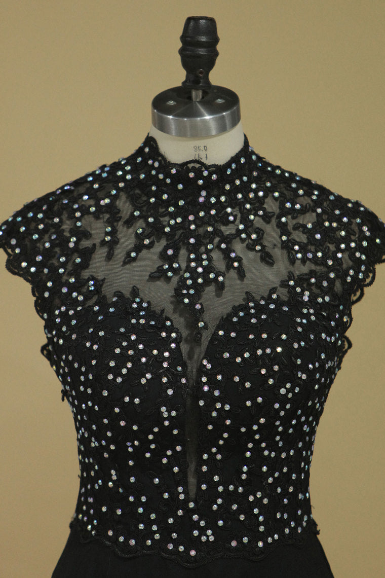 2022 Black High Neck Prom Dresses A Line Chiffon With Applique And Beads