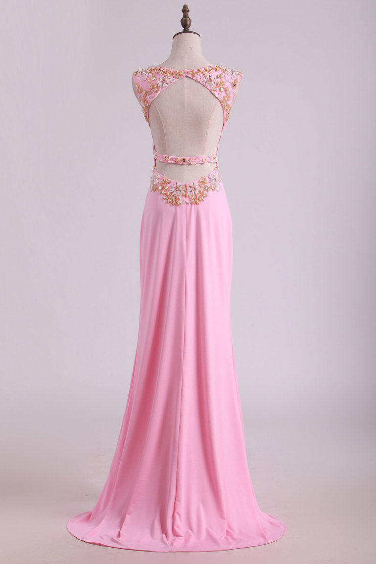 2022 Prom Dresses Sheath  Scoop Spandex With Beading Floor Length