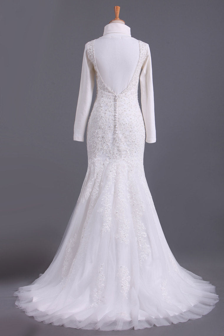 2022 Muslim High Neck Mermaid/Trumpet Wedding Dresses With Applique Tulle