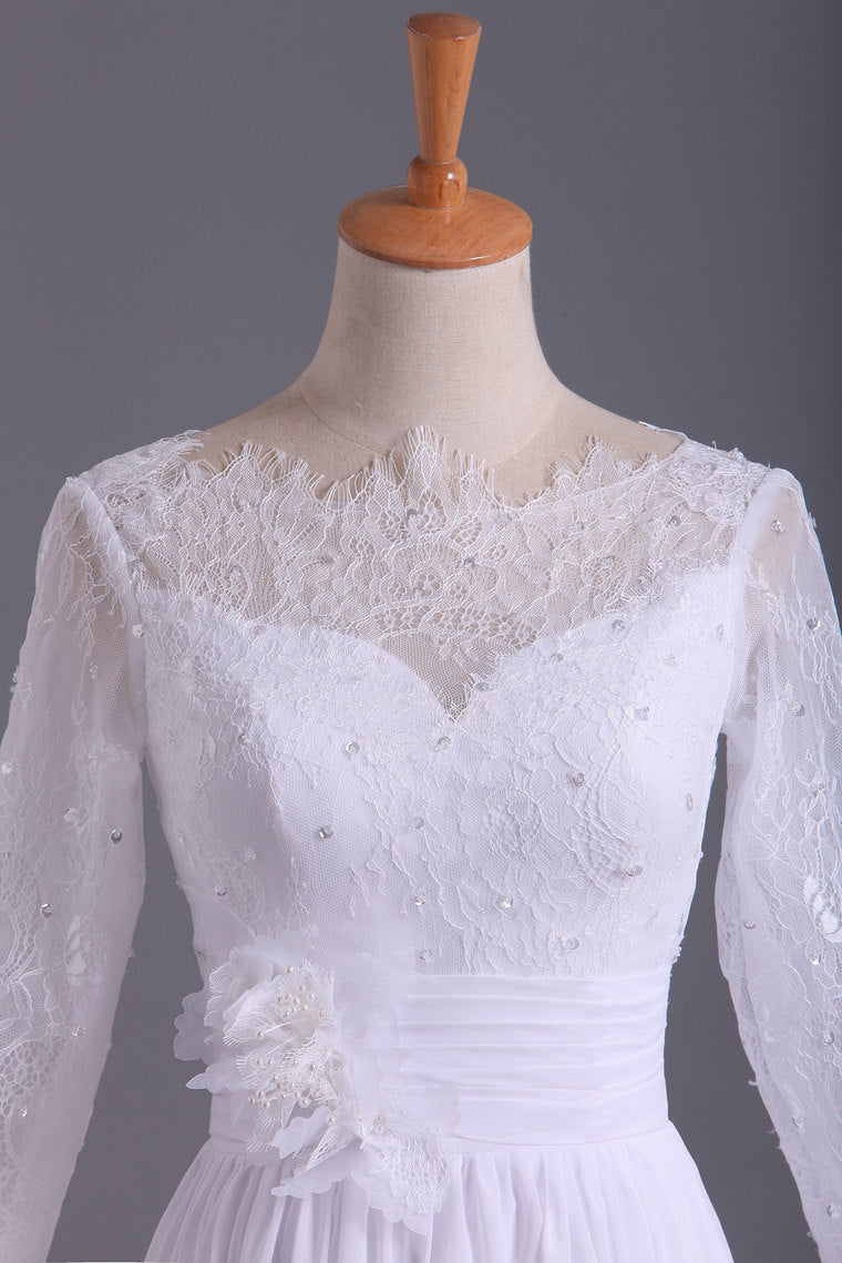 2022 Bateau 3/4 Length Sleeve A Line Wedding Dresses Chiffon With Applique & Handmade Flower