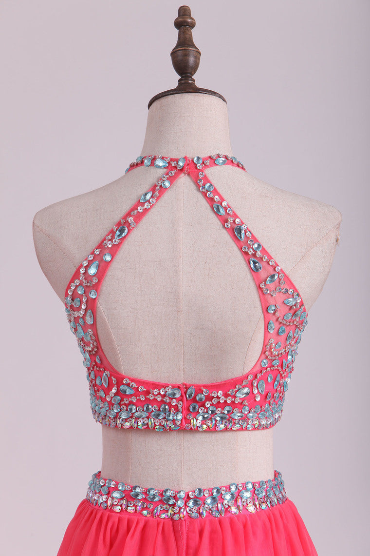 2022 Two Pieces Halter Prom Dresses A Line Tulle With Beading Floor Length