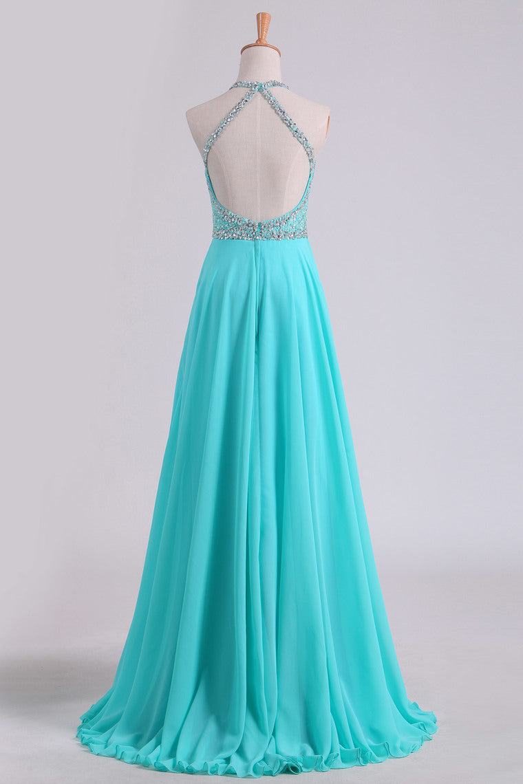 2022 Open Back A Line Prom Dresses Halter Beaded Bodice Sweep Train Chiffon & Tulle