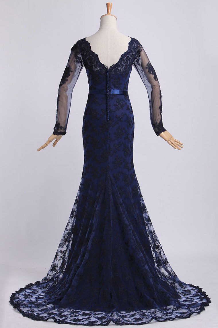 2022 V-Neck Evening Dresses Mermaid With Applique Lace And Tulle