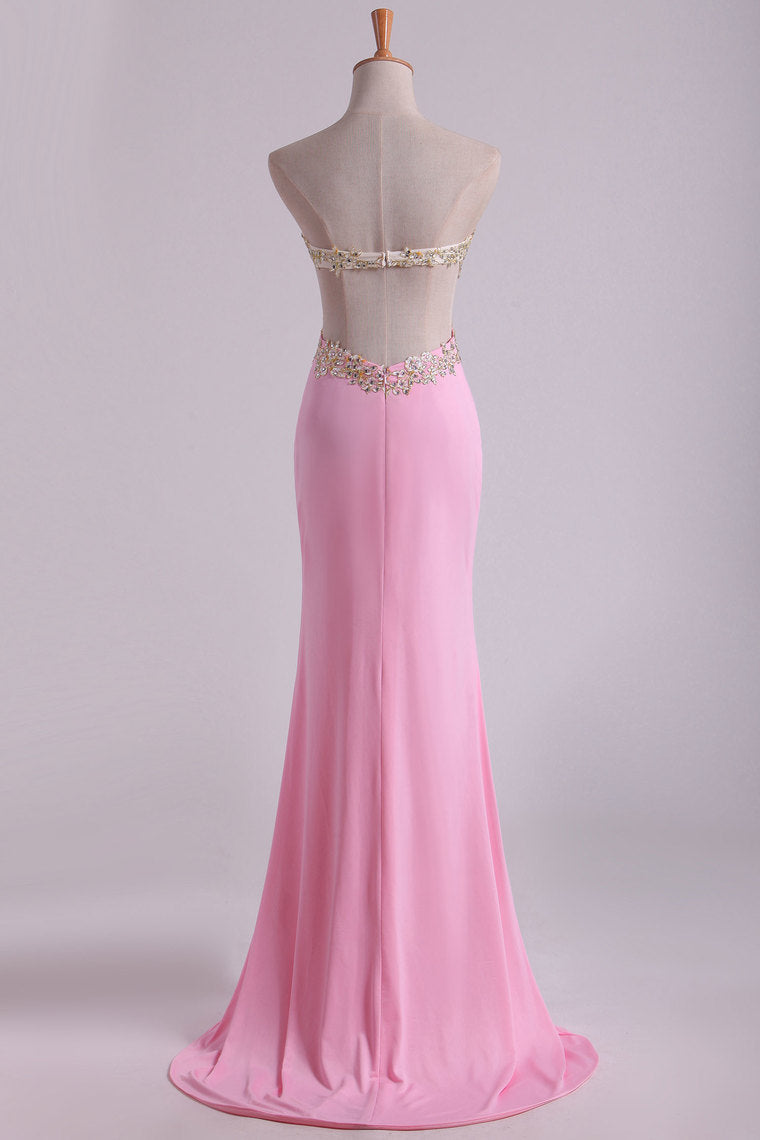 2022 Hot Sexy Prom Dresses Sheath With Slit And Applique Sweep Train Spandex