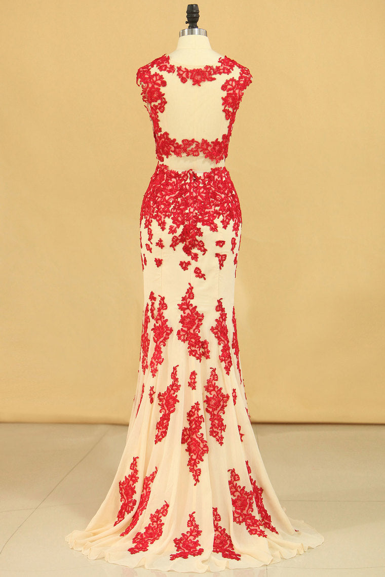 2022 Two-Piece Mermaid Prom Dresses Scoop With Applique And Beads Chiffon