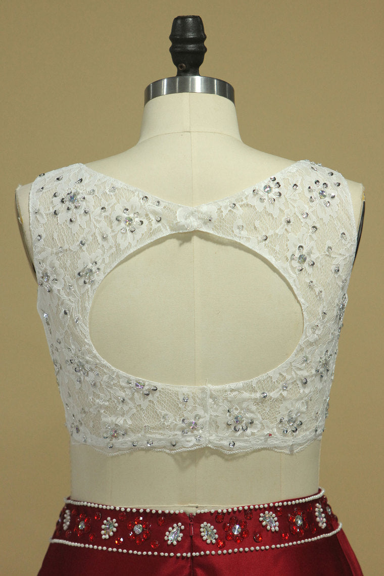 2022 Prom Dresses A-Line Scoop Floor-Length Satin & Lace Open Back