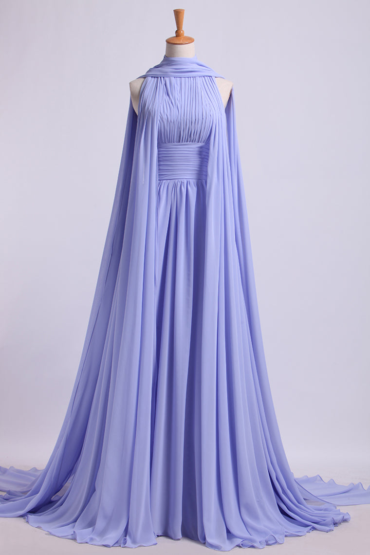 2022 High Neck Pleated Bodice Prom Dresses A-Line Chiffon Sweep Train