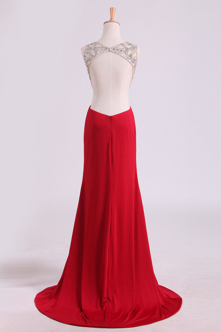 2022 Prom Dresses Scoop Beaded Bodice Spandex With Beading Backless