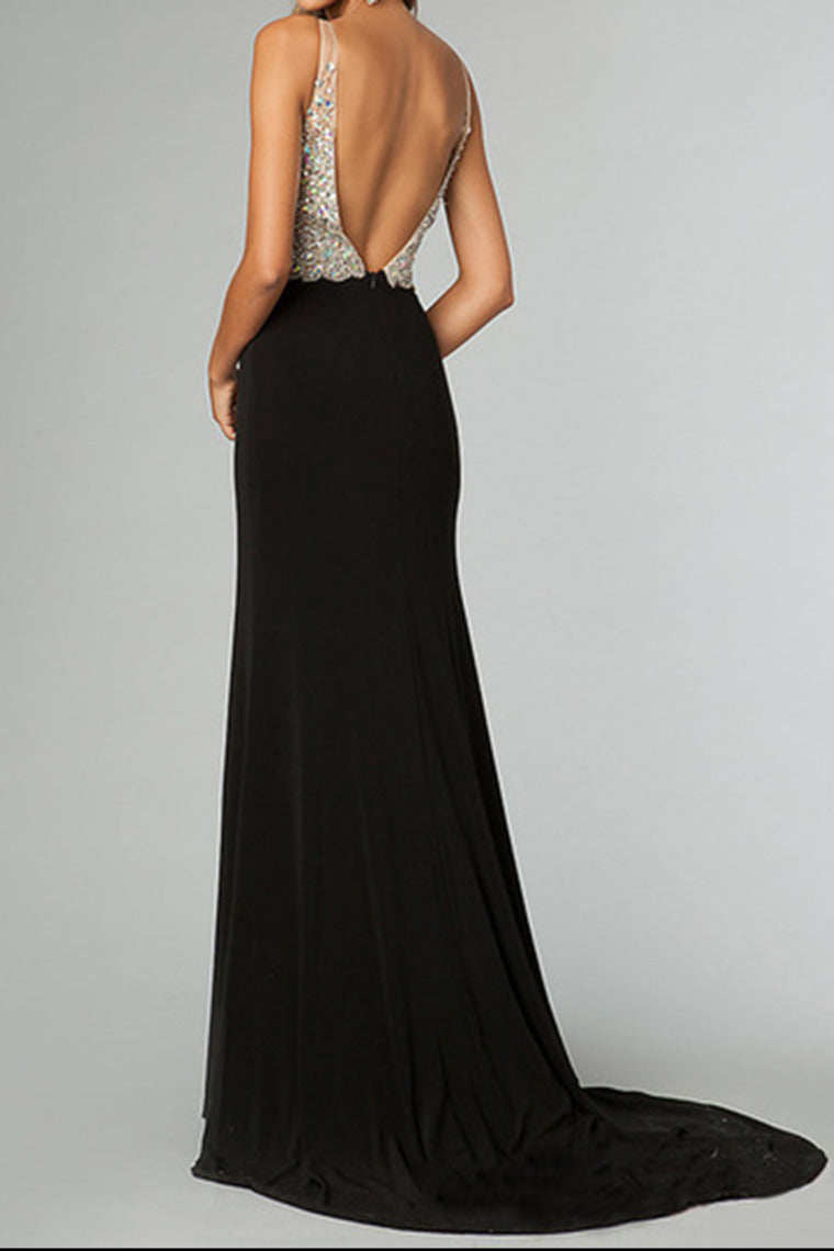 2022 Full Beaded Tulle Bodice Backless Sexy Prom Dress Court Train Black