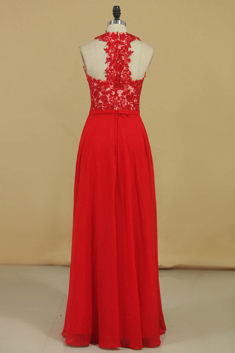 2022 New Arrival V Neck Prom Dresses A Line Chiffon With Applique And Beads Floor Length