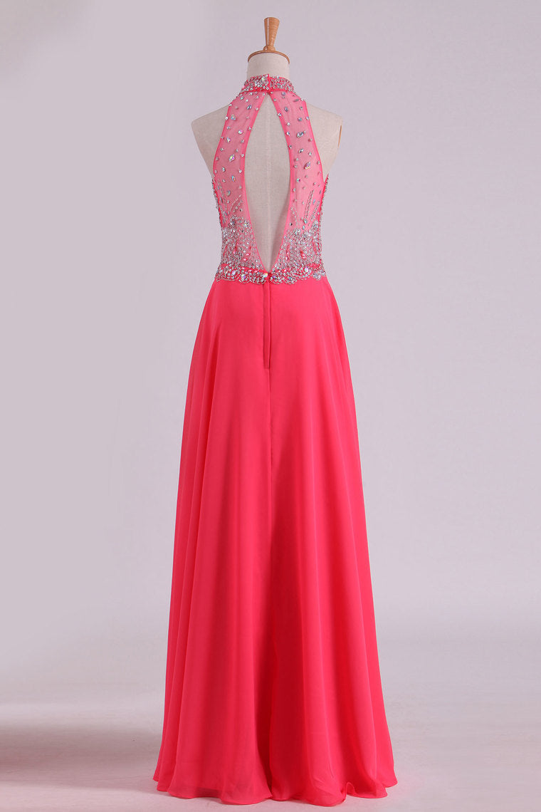 2022 High Neck Prom Dresses A Line Chiffon With Beading Sweep Train