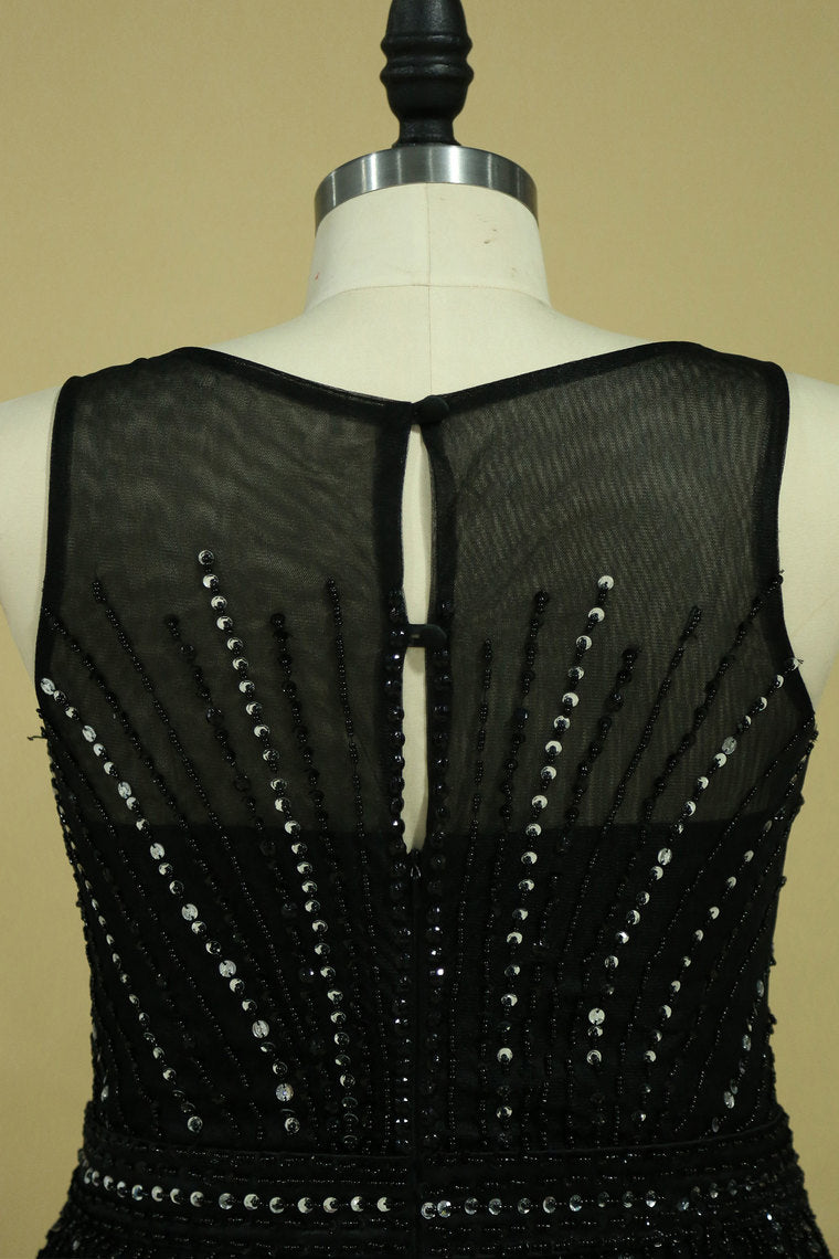 2022 Plus Size Scoop A Line Tulle Prom Dresses With Beading