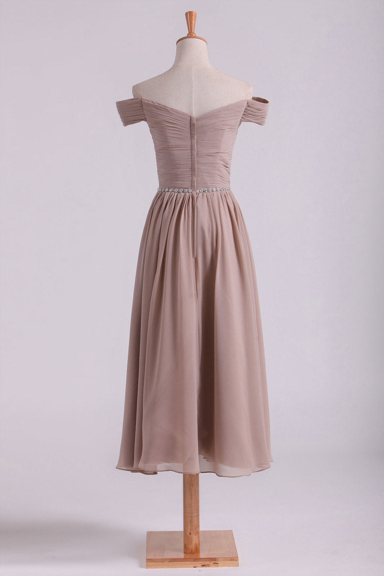 2022 Off The Shoulder Bridesmaid Dresses A-Line Tea Length Chiffon