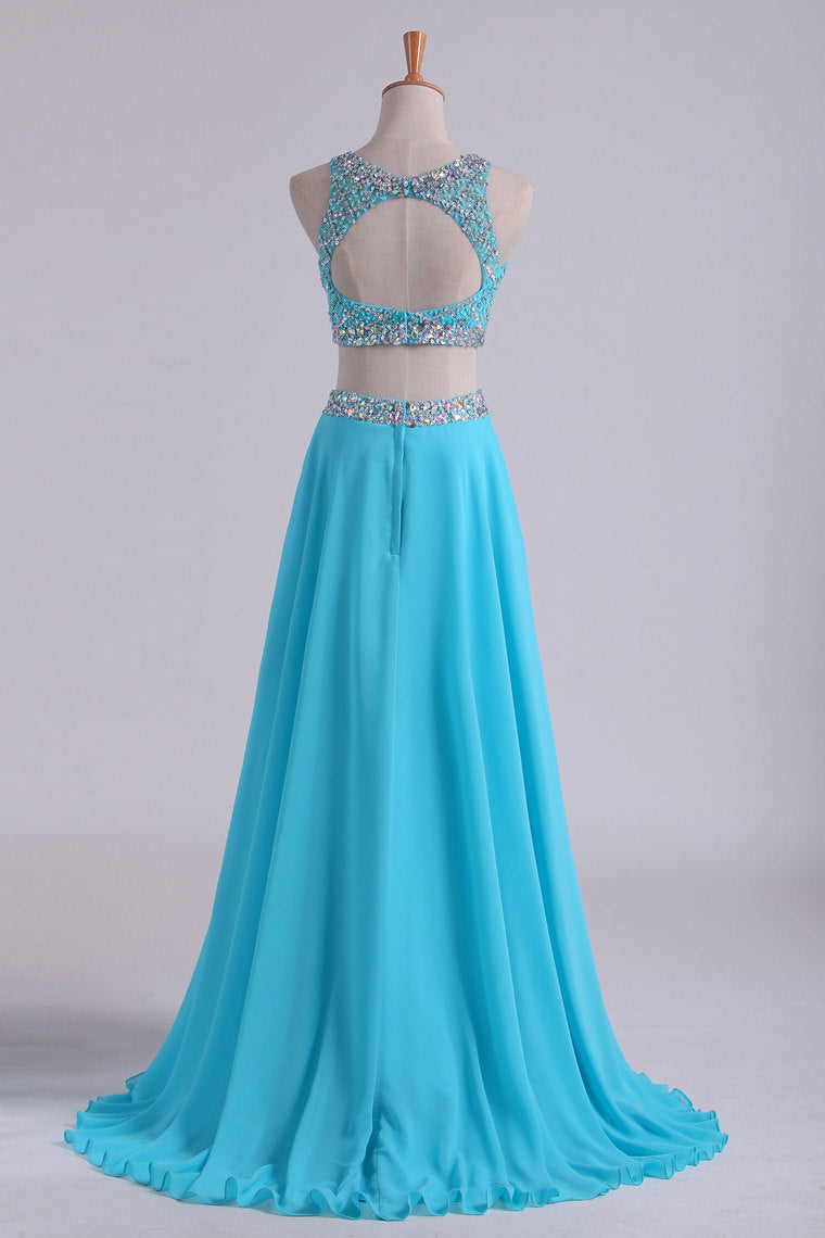 2022 Bateau Two Pieces Prom Dresses A Line Beaded Bodice Open Back Floor Length Chiffon & Tulle