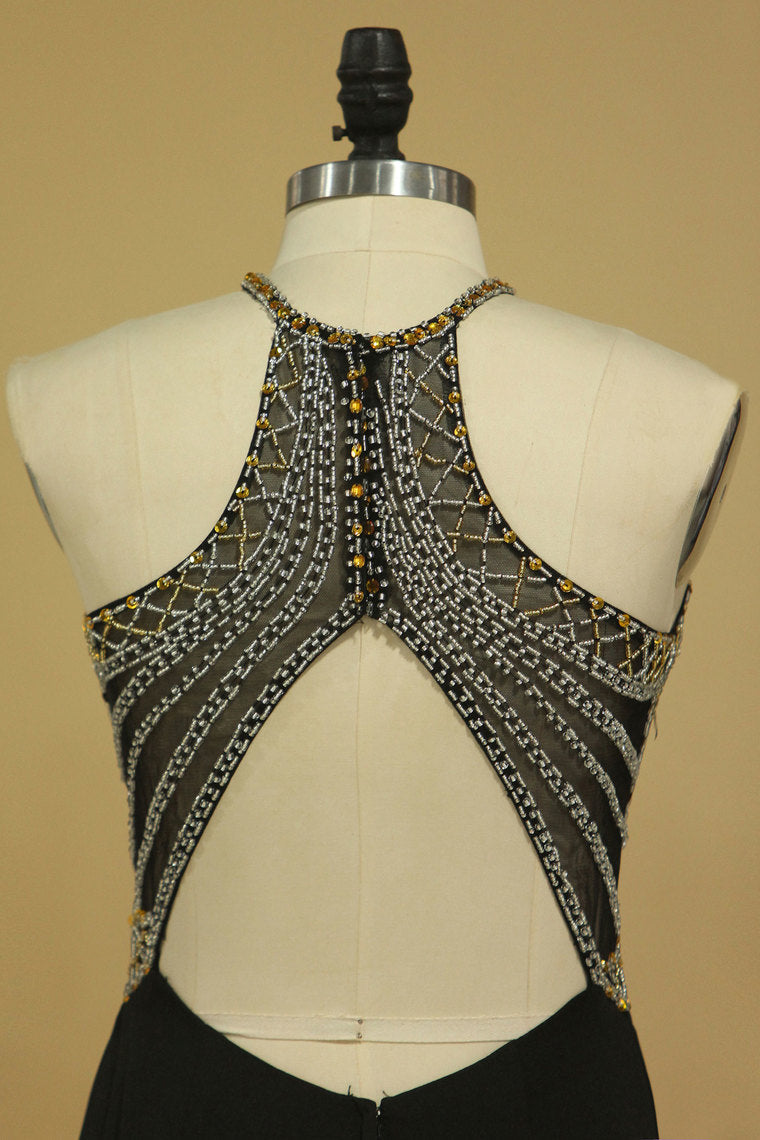 2022 Scoop Sheath Floor Length Prom Dresses Spandex With Beading