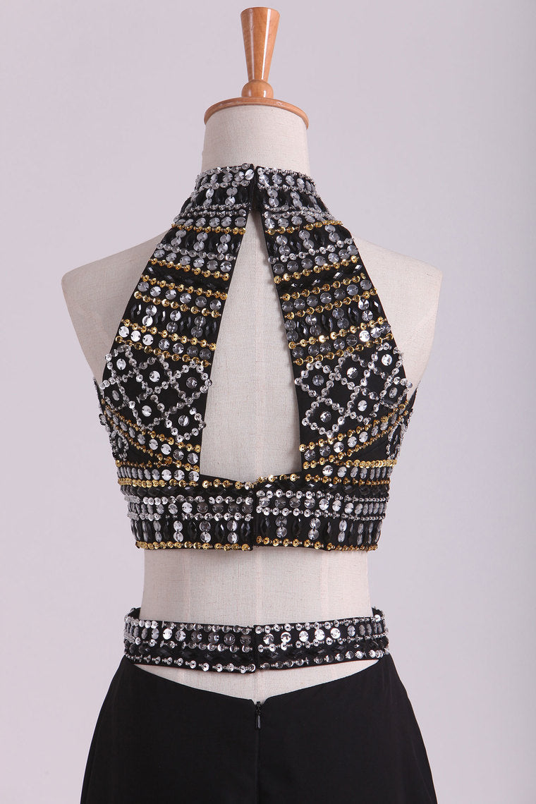 2022 Two-Piece Mermaid Prom Dresses High Neck Chiffon Beaded Bodice