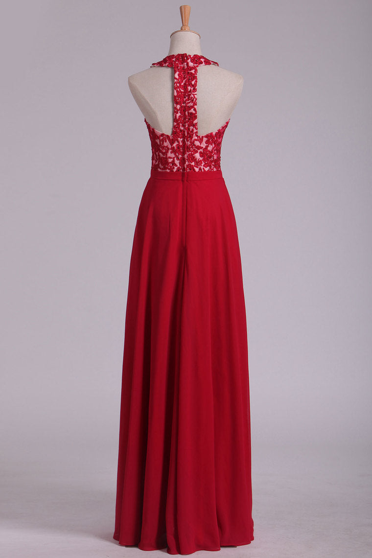 2022 V Neck Prom Dresses A Line Chiffon With Applique And Beads Open Back Floor Length