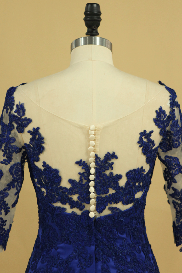 2022 Bateau Dark Royal Blue Mother Of The Bride Dresses 3/4 Length Sleeve With Applique Satin Dark Royal Blue