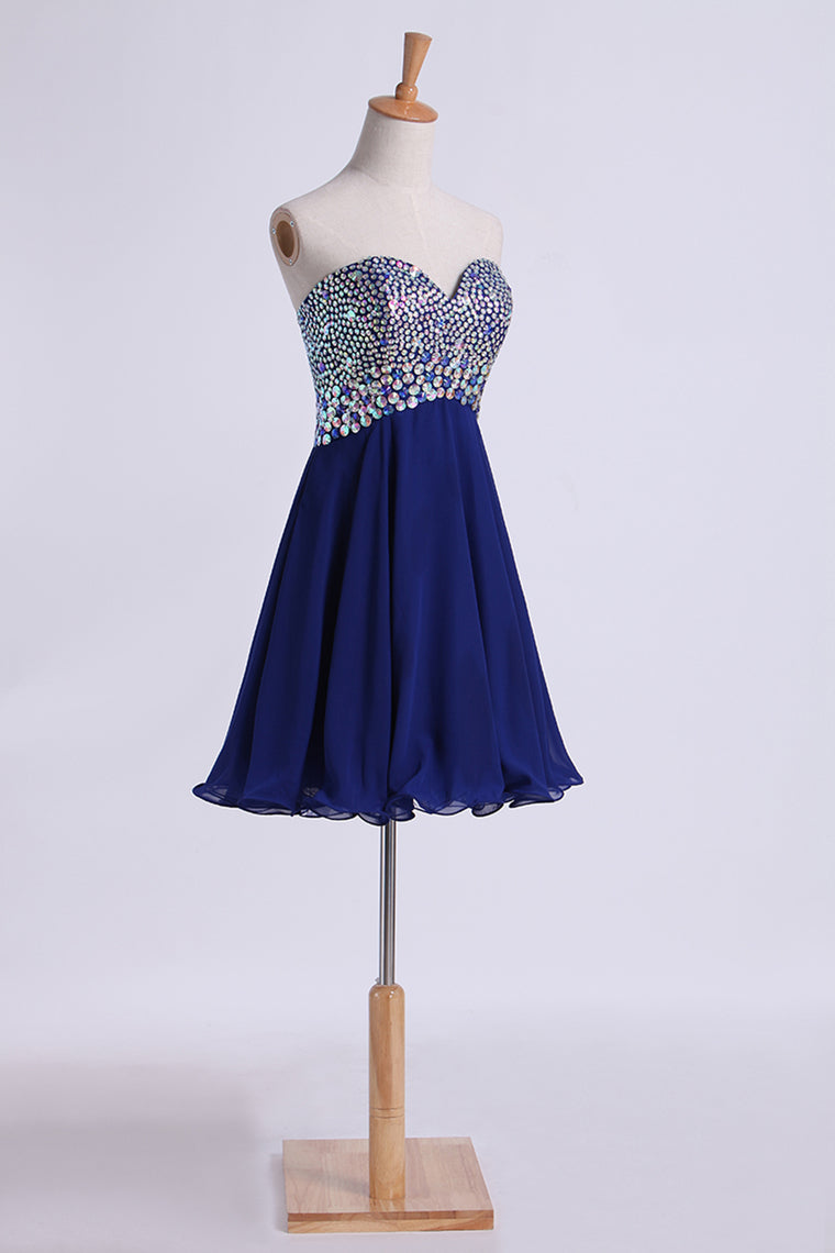 2022 Homecoming Dress Dark Royal Blue Beaded Sweetheart Short/Mini A Line/Princess Chiffon