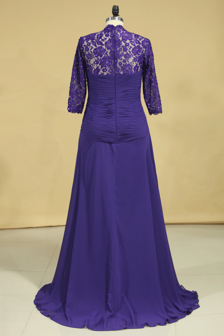 2022 Plus Size Mother Of Bridal Gown With 3/4 Sleeves A Line V Neck Chiffon Lace