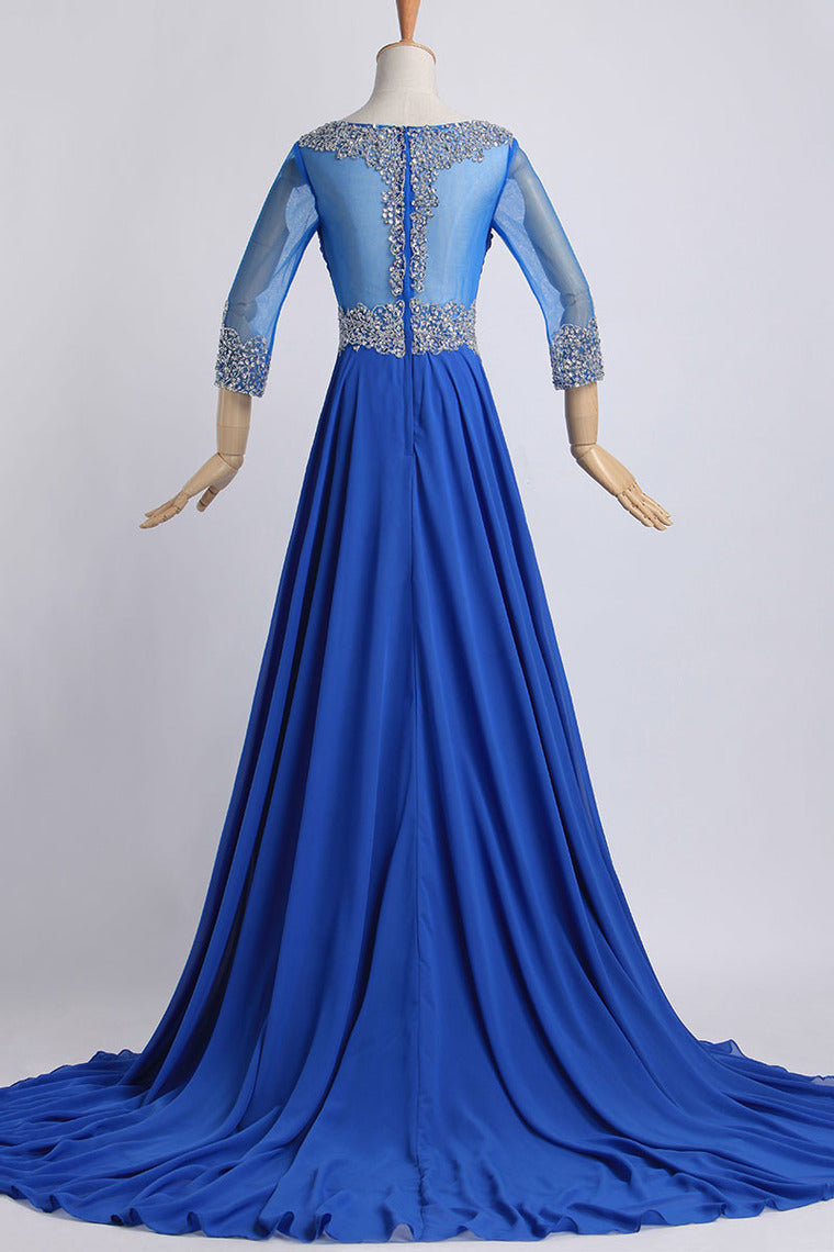 2022 Bateau 3/4 Length Sleeve A-Line/Princess Prom Dresses With Beads And Ruffles