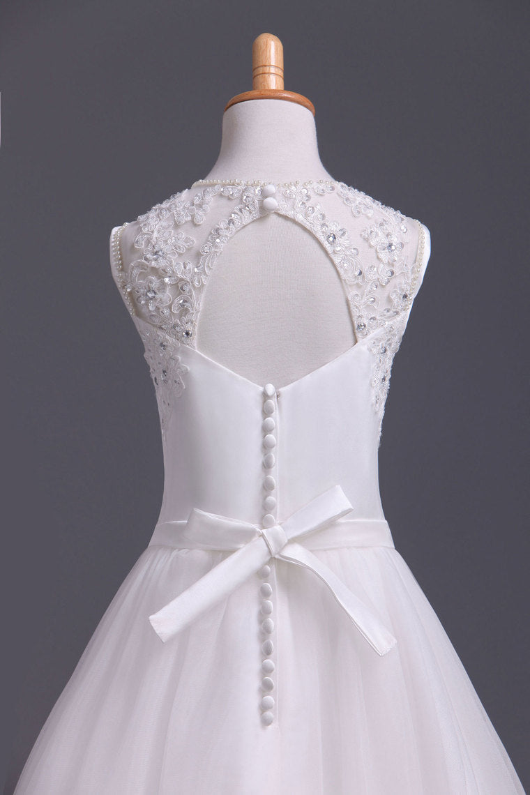 2022 Scoop Flower Girl Dresses A Line Tulle Ankle Length With Applique