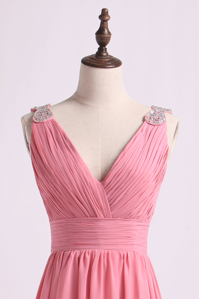 2022 V Neck A Line Chiffon Bridesmaid Dress With Beads Floor Length