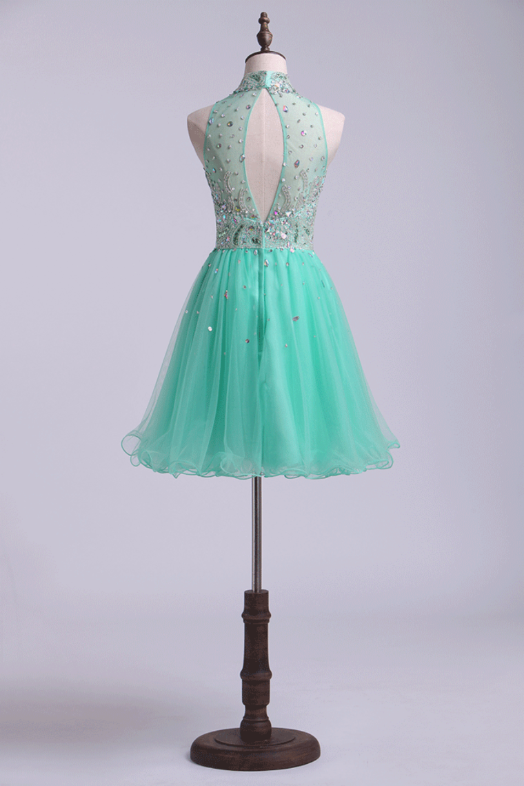 2022 High Neck Homecoming Dresses A-Line Short Beaded Bodice Tulle