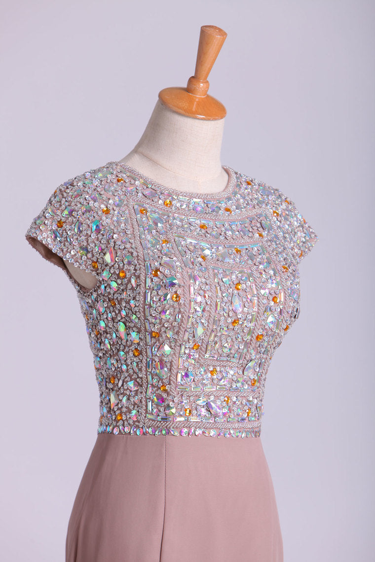 2022 Scoop Prom Dresses Beaded Bodice Chiffon Trumpet Sweep Train