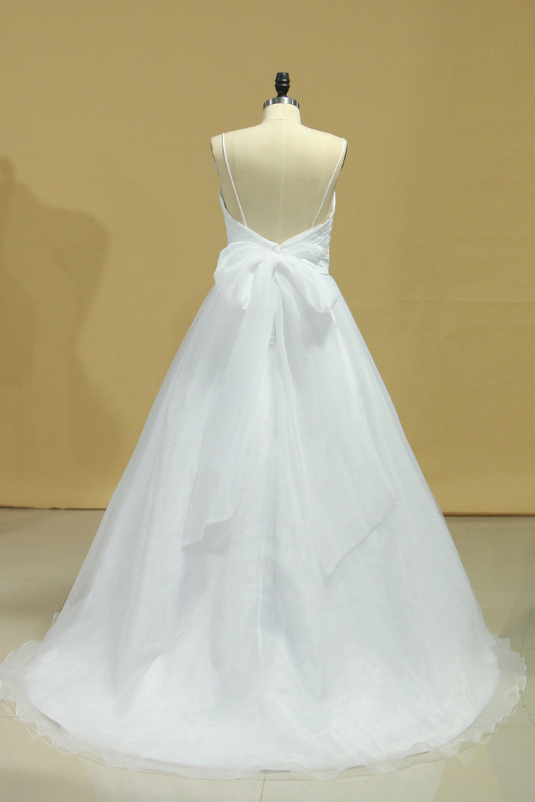 2022 Wedding Dresses A-Line Spaghetti Straps Court Train Organza With Removable Sash Zipper Back Plus Size