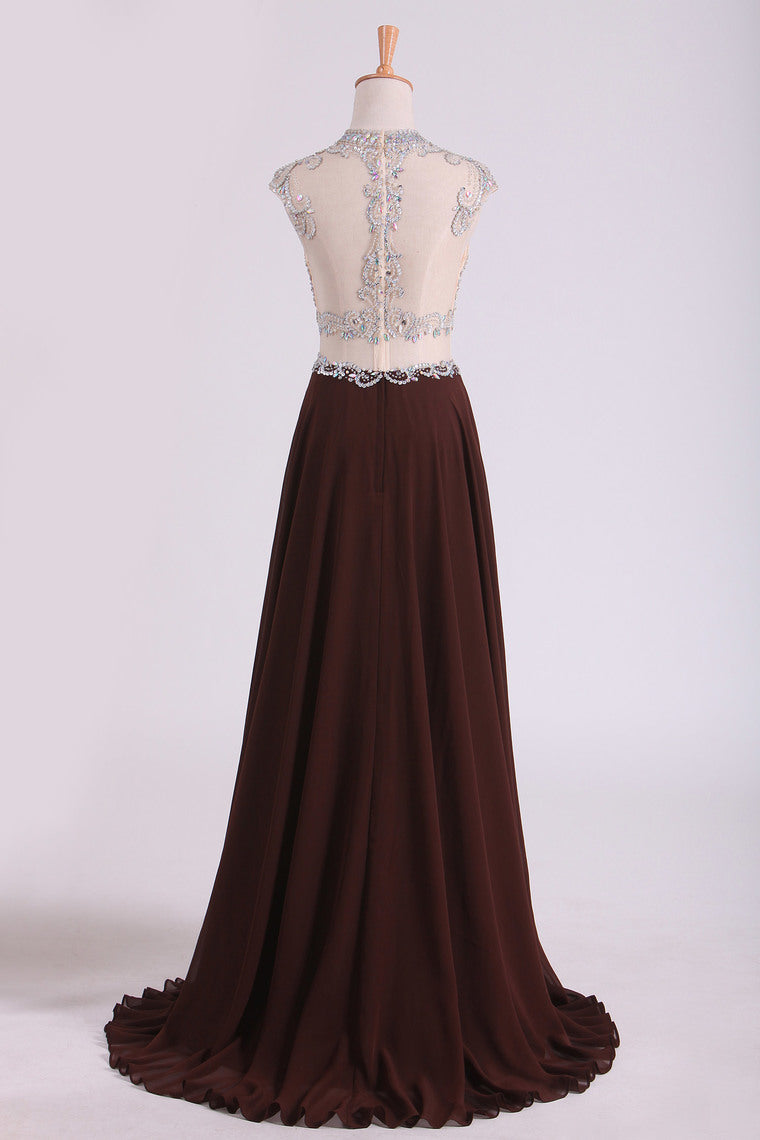 2022 Scoop Prom Dresses A Line Beaded Bodice Chiffon & Tulle With Slit Color Chocolate