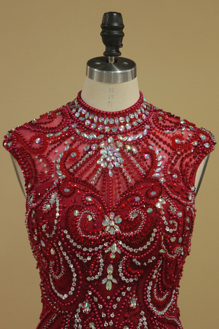 2022 Burgundy Prom Dresses High Neck Mermaid With Beading Sweep Train Tulle&Lace