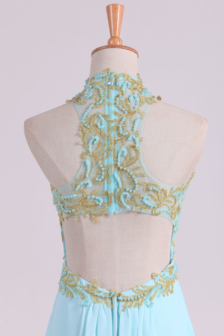 2022 Sheath Open Back High Neck Chiffon With Applique And Beads Prom Dresses